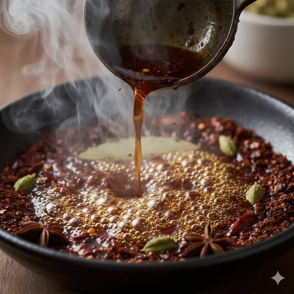Pouring hot garlic and shallot oil over chili flakes to make chili crisp.