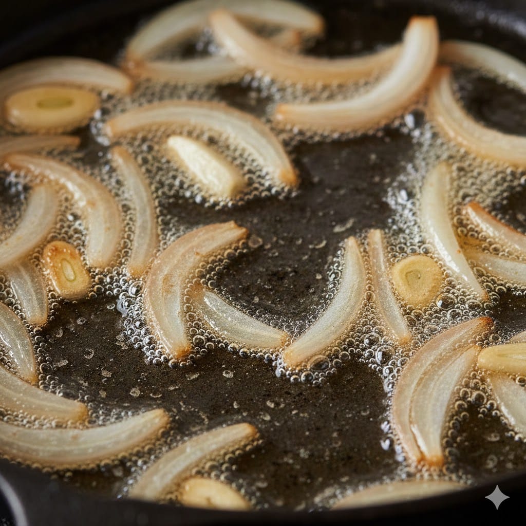 Frying thinly sliced shallots and garlic in oil for homemade chili crisp.