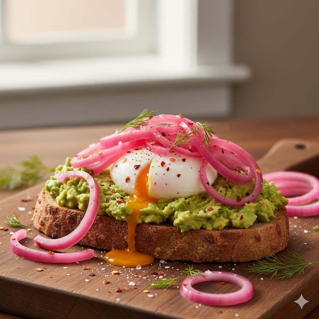 Avocado toast topped with quick pickled red onions and a poached egg.