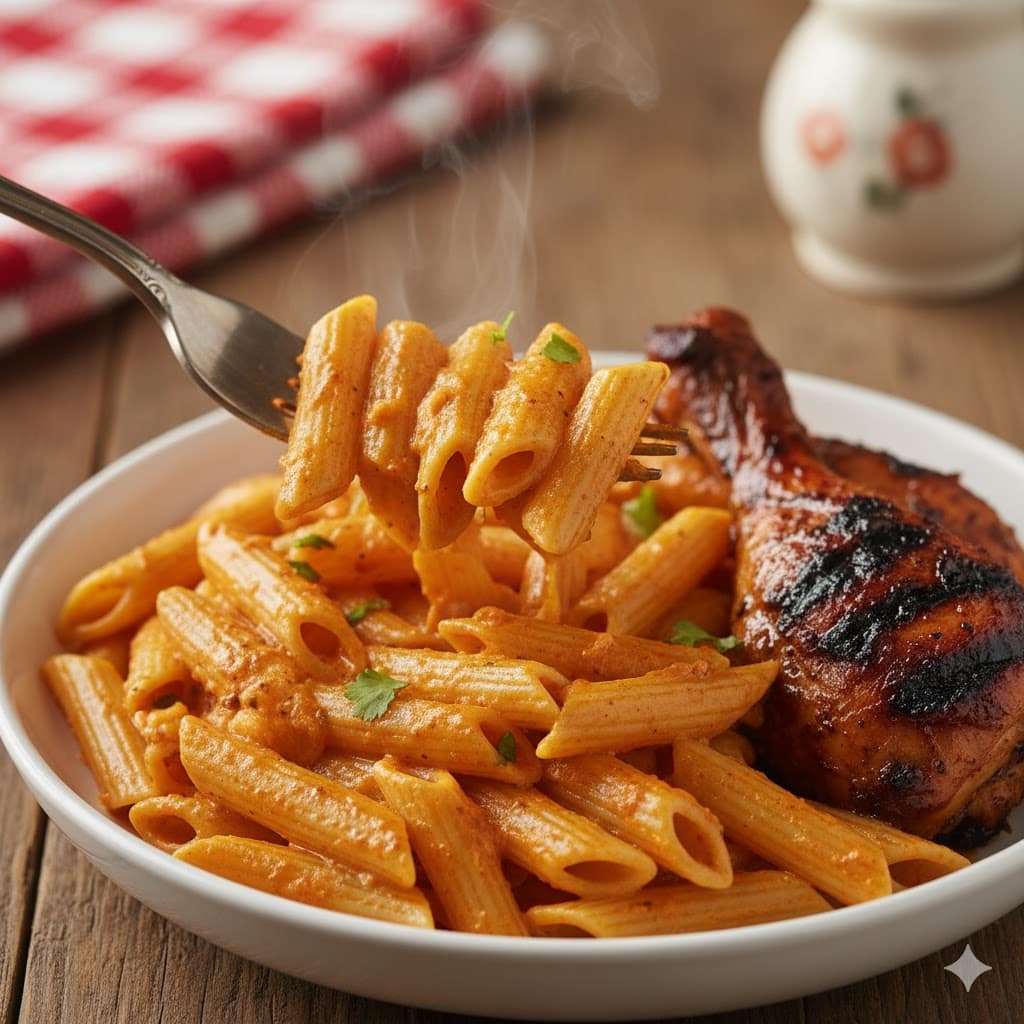 Close up of creamy jerk chicken pasta with bell peppers.