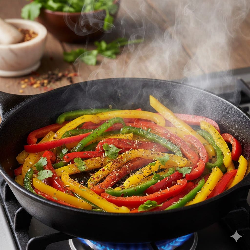 Sautéing red, green, and yellow bell peppers for Rasta Pasta.