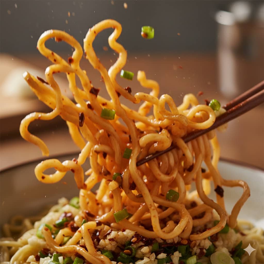 15-Minute Garlic Chili Oil Noodles 2 Tossing 15-minute garlic chili oil noodles in a glossy red sauce.