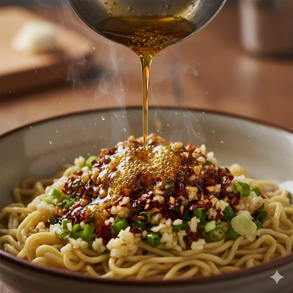 15-Minute Garlic Chili Oil Noodles 1 Pouring hot oil over garlic and chili flakes for 15-minute noodles.