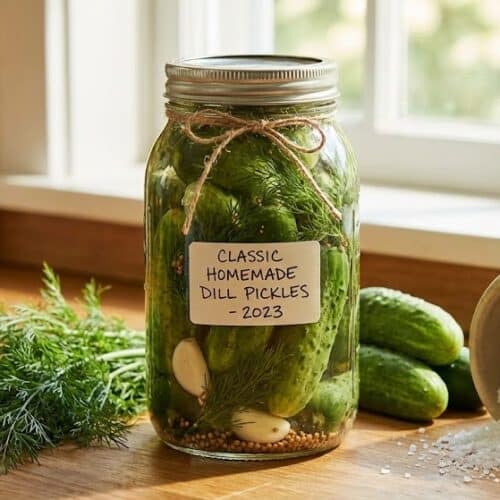 Fresh cucumbers, dill, and garlic being packed into mason jars for homemade dill pickles.