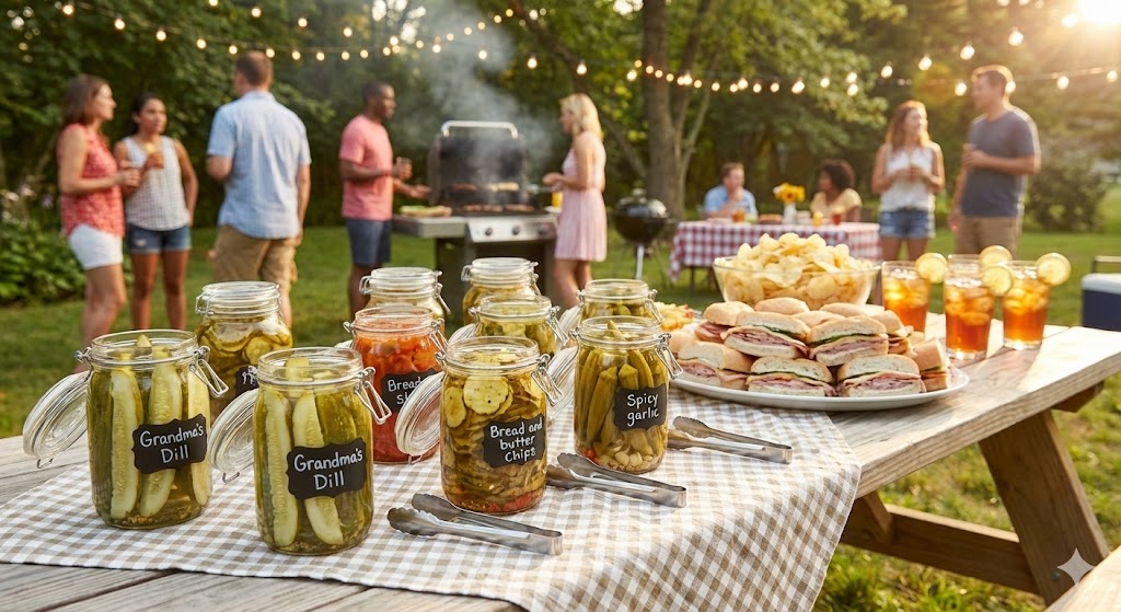 A backyard BBQ setup featuring jars of homemade dill pickles and sandwiches.