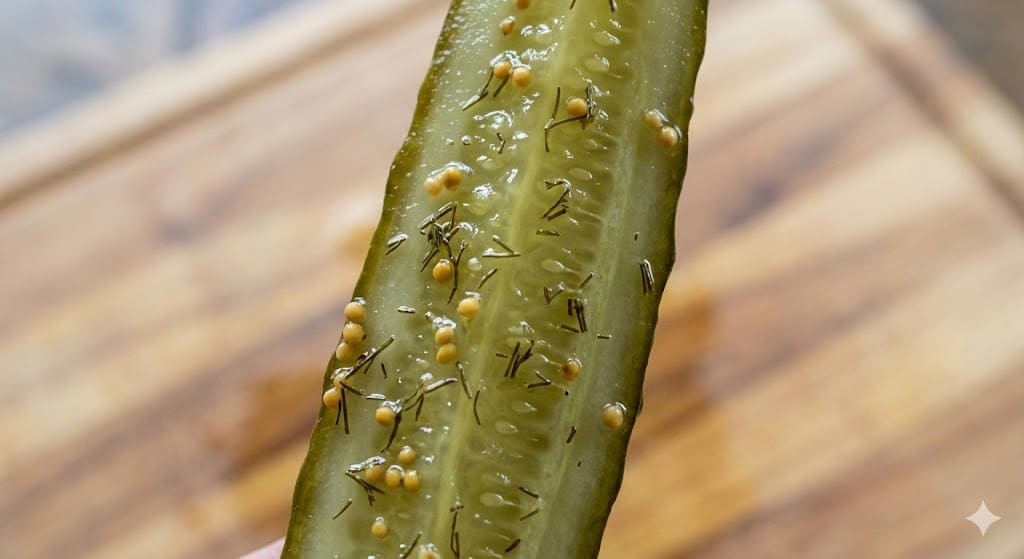 Close up of a crunchy homemade dill pickle spear with garlic and spices.