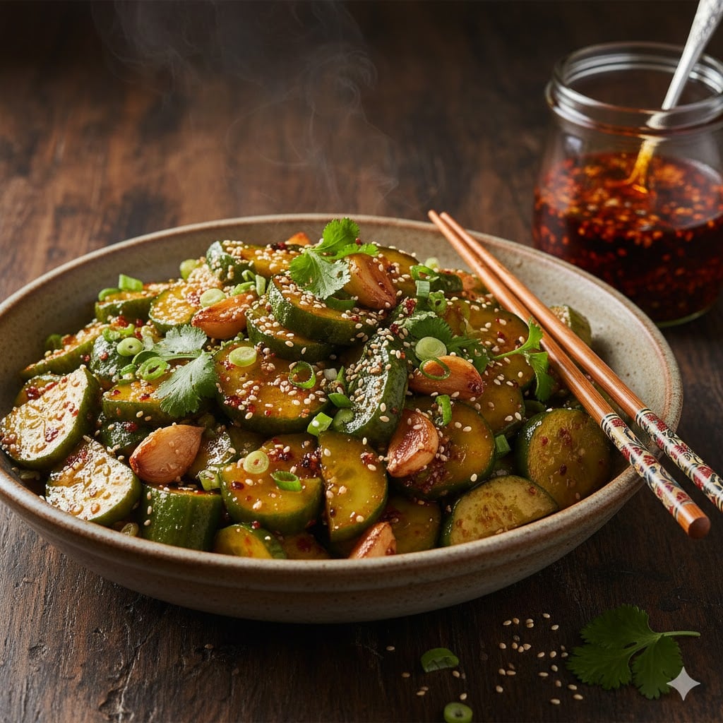 Spicy Asian Cucumber Salad with Garlic Chili Oil