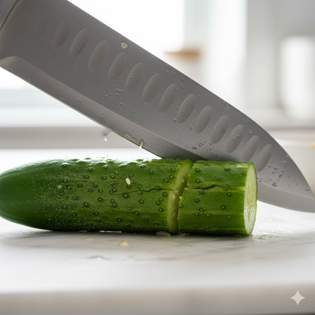 Smashing a cucumber with a knife for a traditional Asian cucumber salad