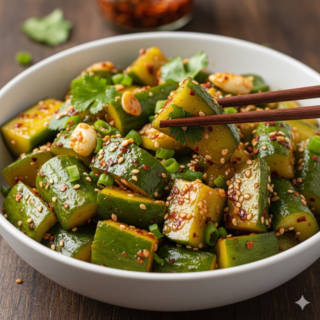 Spicy smashed cucumber salad with garlic chili oil and sesame seeds in a white bowl.