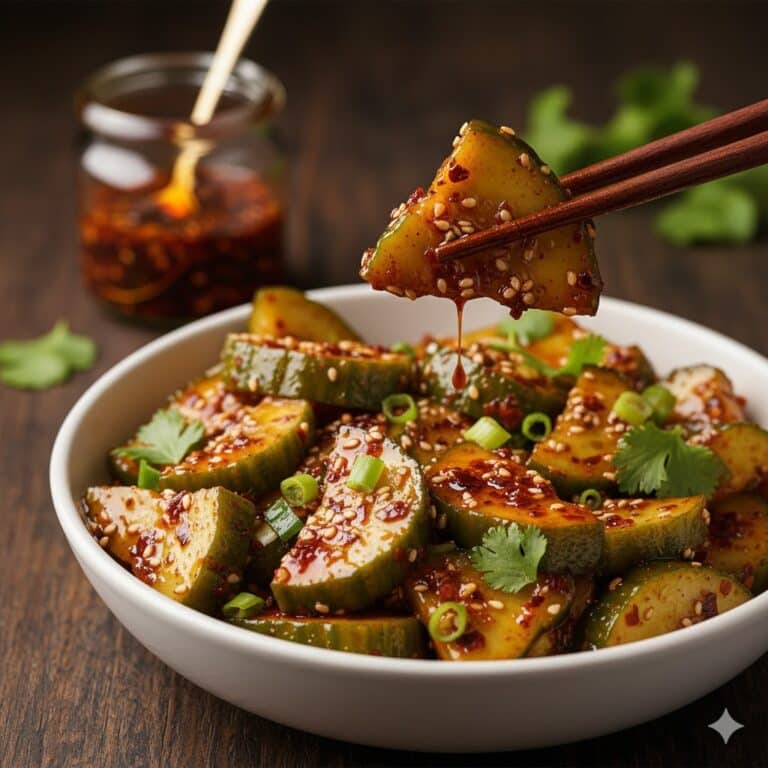 Asian-inspired meal spread with spicy cucumber salad and dumplings.