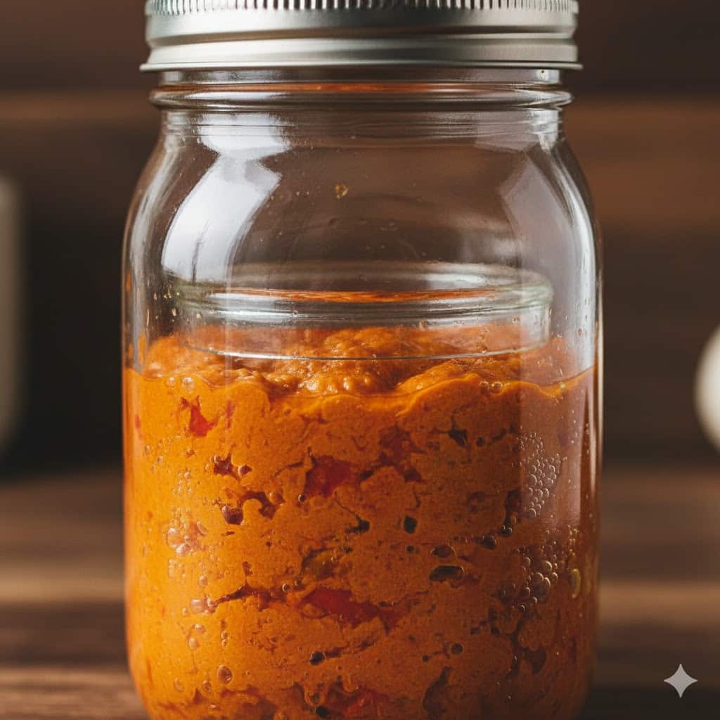 A close-up side view of a glass mason jar. The bright orange mash is packed at the bottom, and tiny bubbles of gas are seen trapped against the glass. A glass weight is holding the mash down, and a layer of liquid (brine) is visible on top.