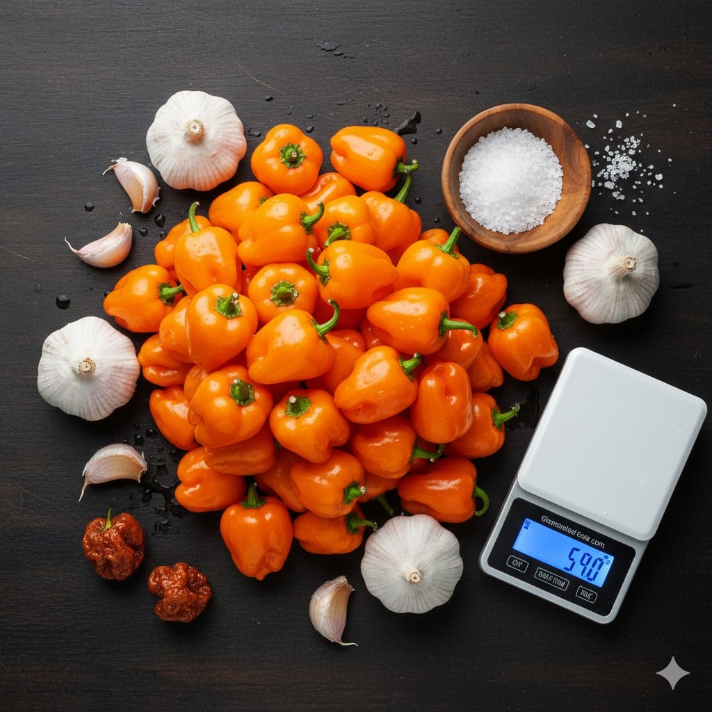 A professional, wide-angle flat-lay of the raw ingredients. Bright orange habanero peppers are piled high, surrounded by several heads of garlic, a wooden bowl filled with coarse sea salt, and a digital scale showing a precise measurement.