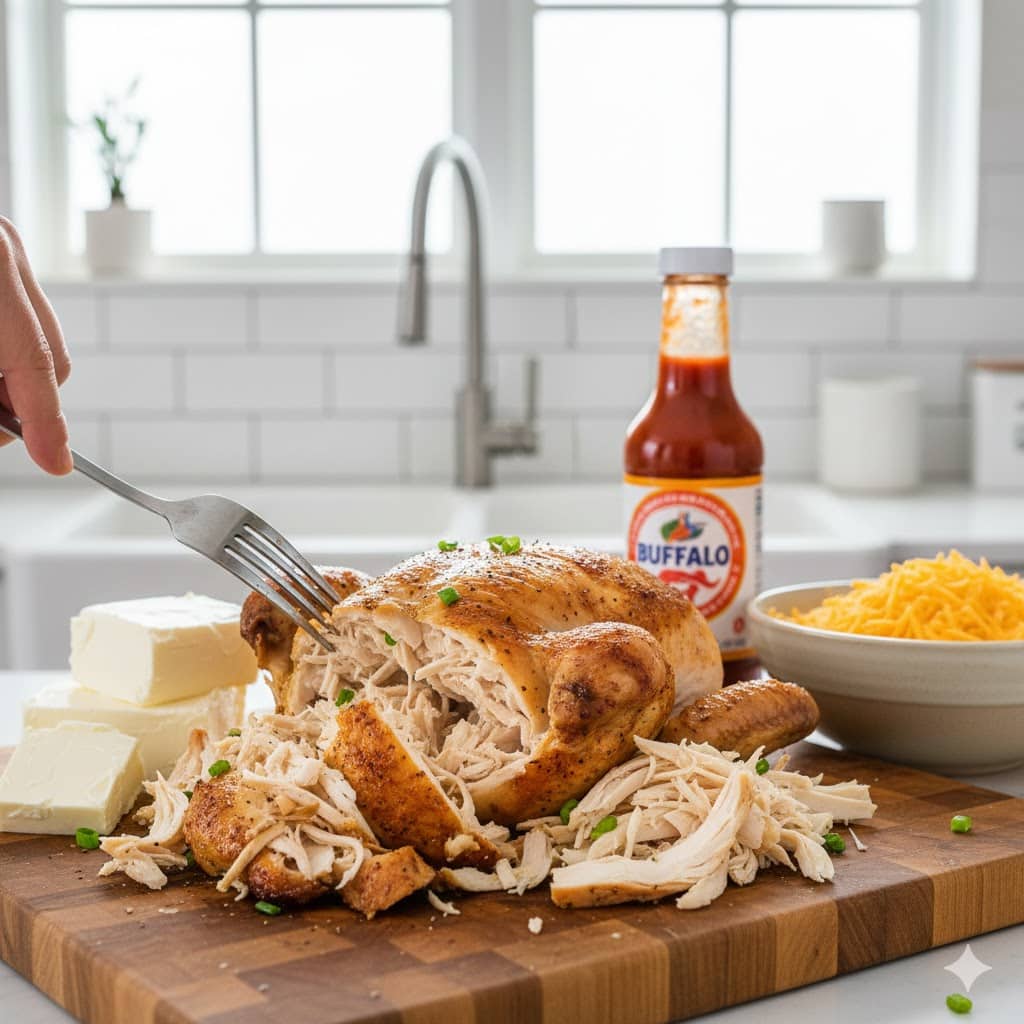 Shredding chicken for the best homemade buffalo chicken dip recipe.