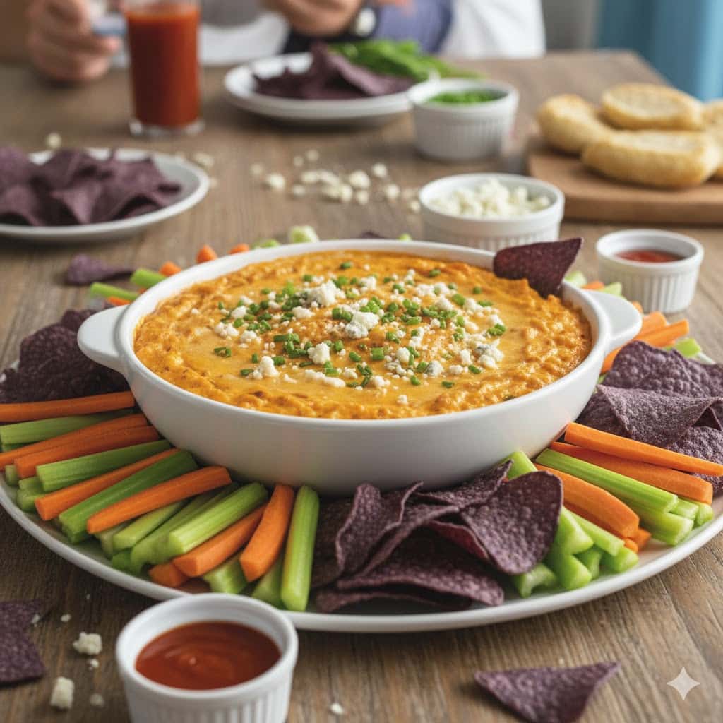 A full party platter featuring homemade buffalo chicken dip and various dippables.