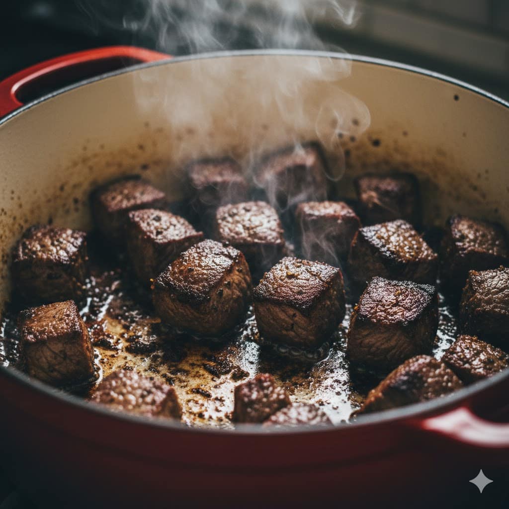 Searing beef chuck for a Dutch oven beef stew recipe.