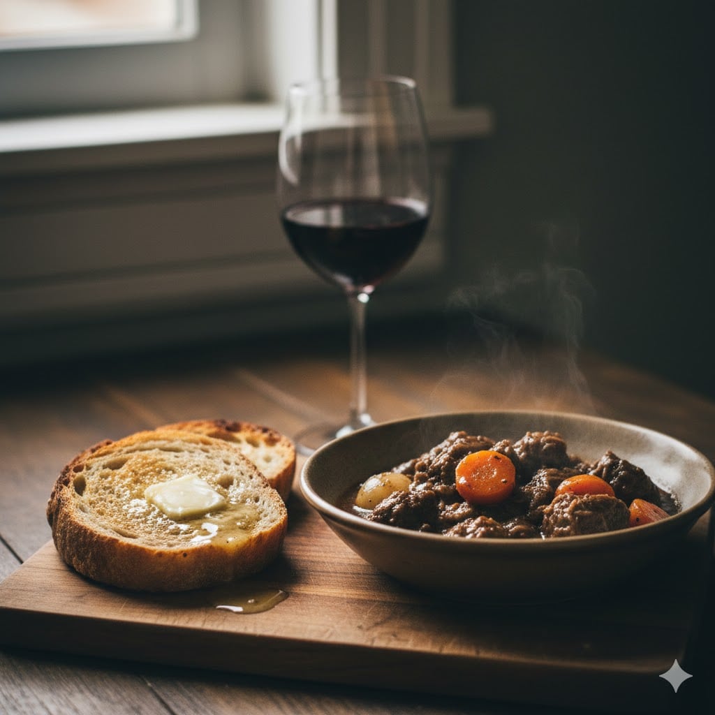 Serving beef stew with potatoes and crusty bread for a cozy dinner.