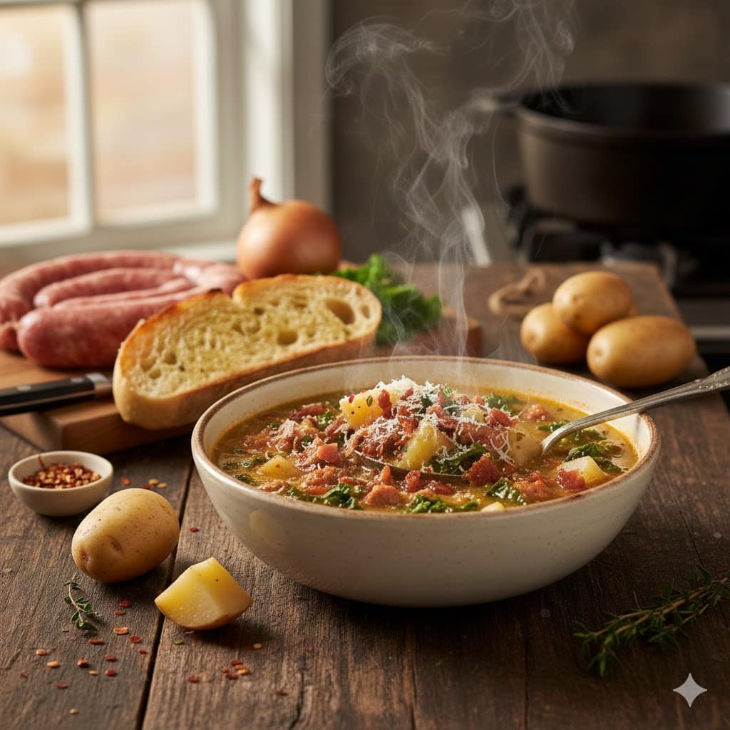 Spicy Sausage and Potato Soup (Better Than Olive Garden) 3 Finished bowl of spicy sausage and potato soup with bacon garnish.