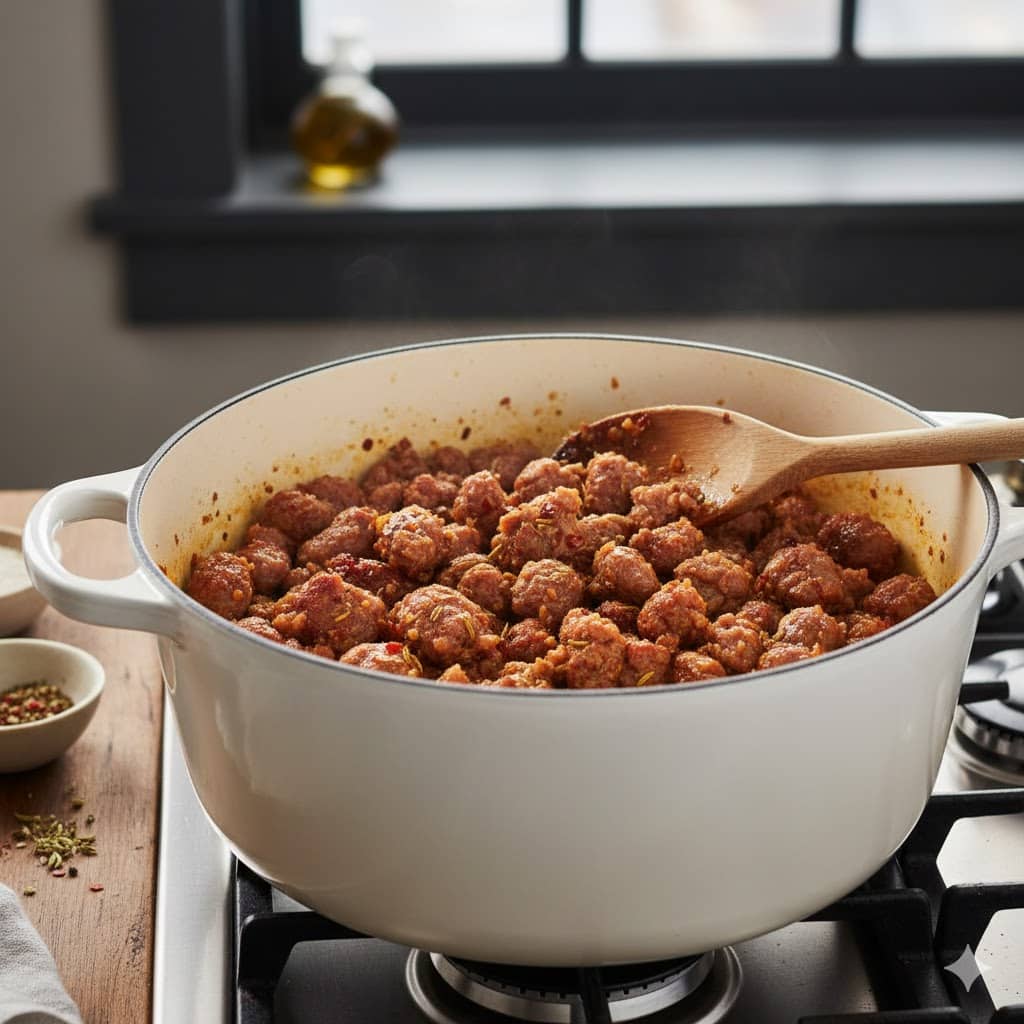 Spicy Sausage and Potato Soup (Better Than Olive Garden) 1 Browning spicy Italian sausage for a Zuppa Toscana copycat soup.