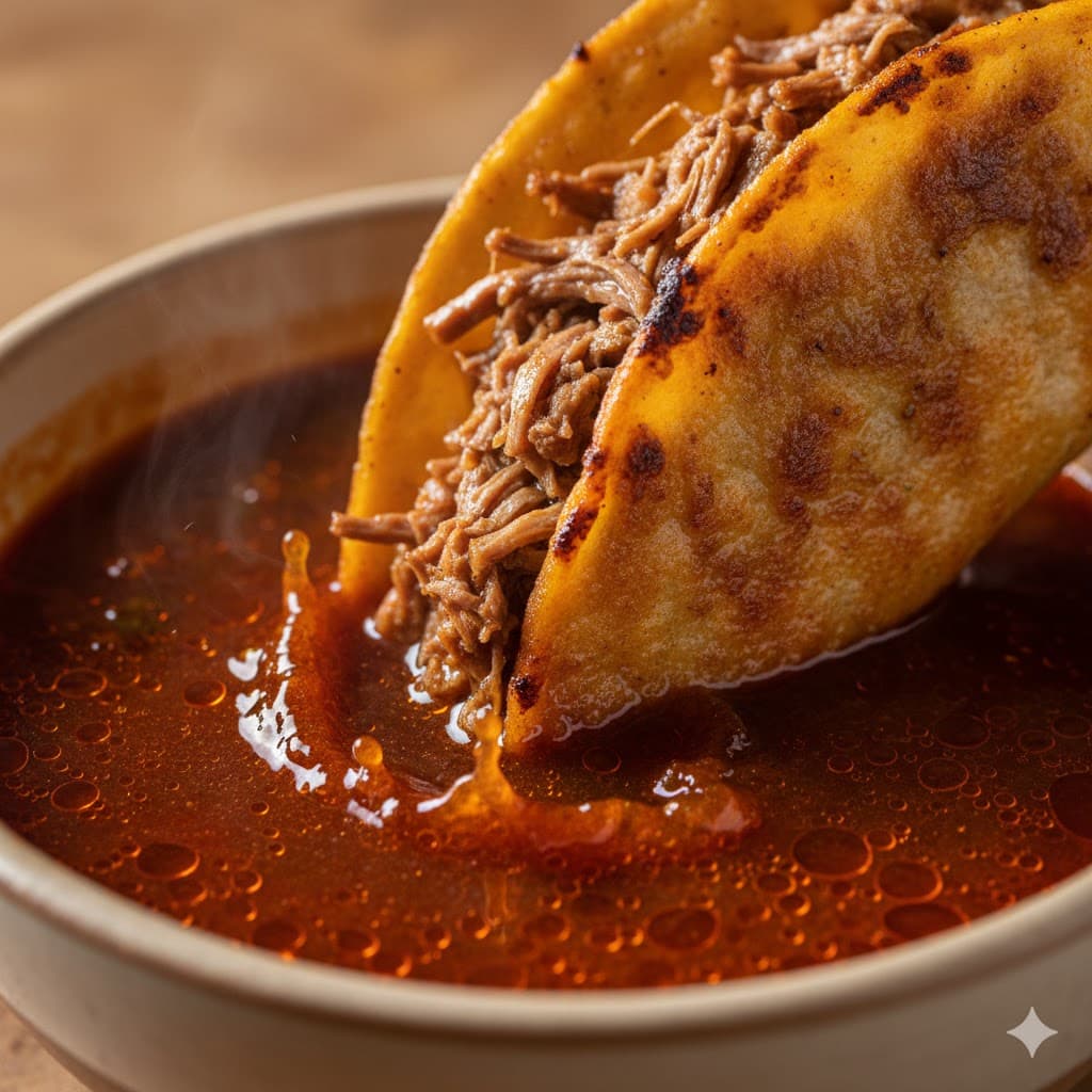 Dipping a crispy beef birria taco into a bowl of hot consommé.