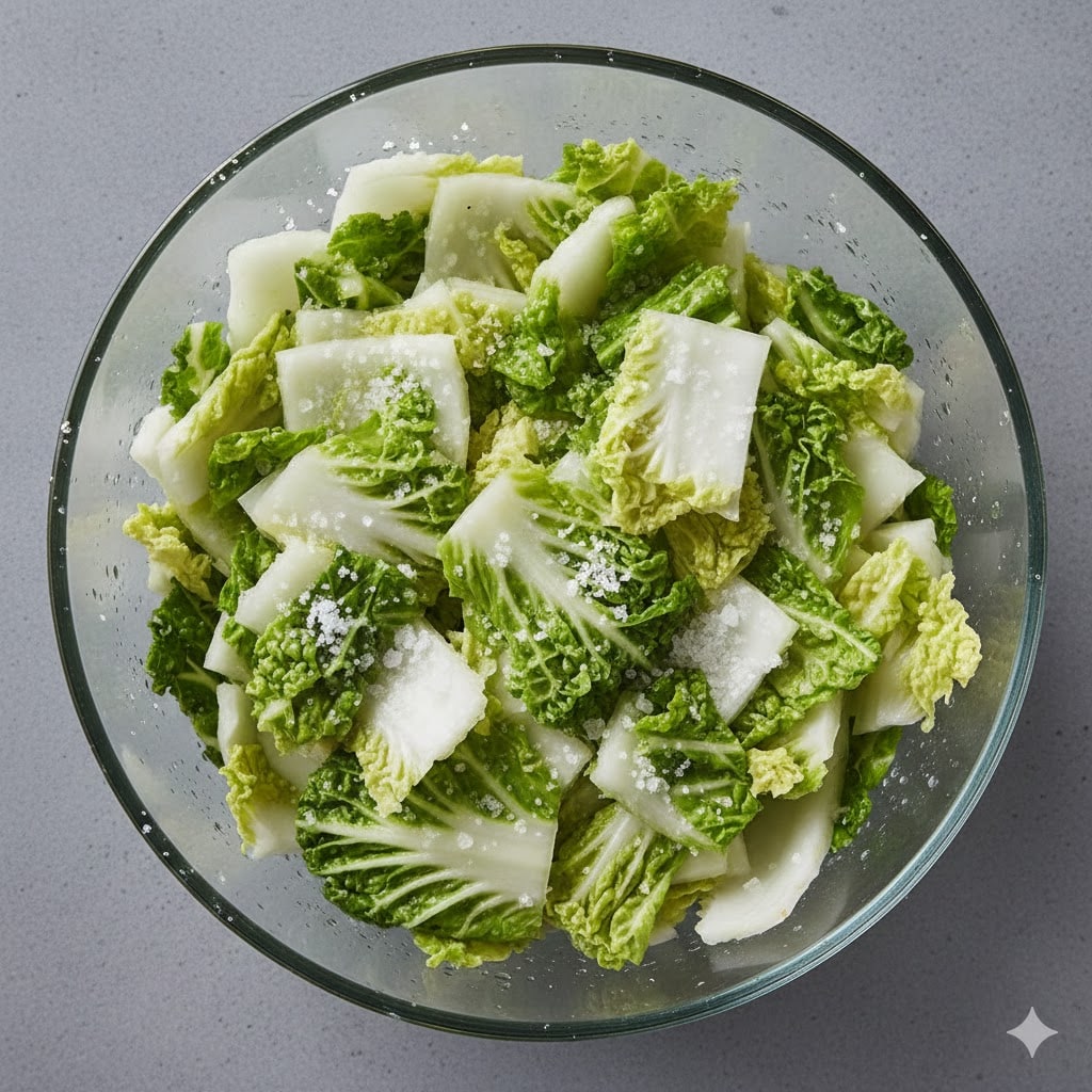  Salting Napa cabbage for a small batch beginner kimchi recipe.