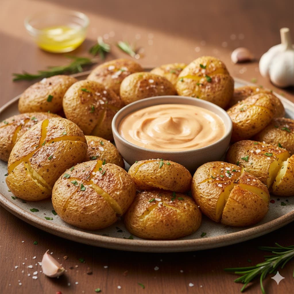A party platter of crispy smashed potatoes with spicy mayo garnish.