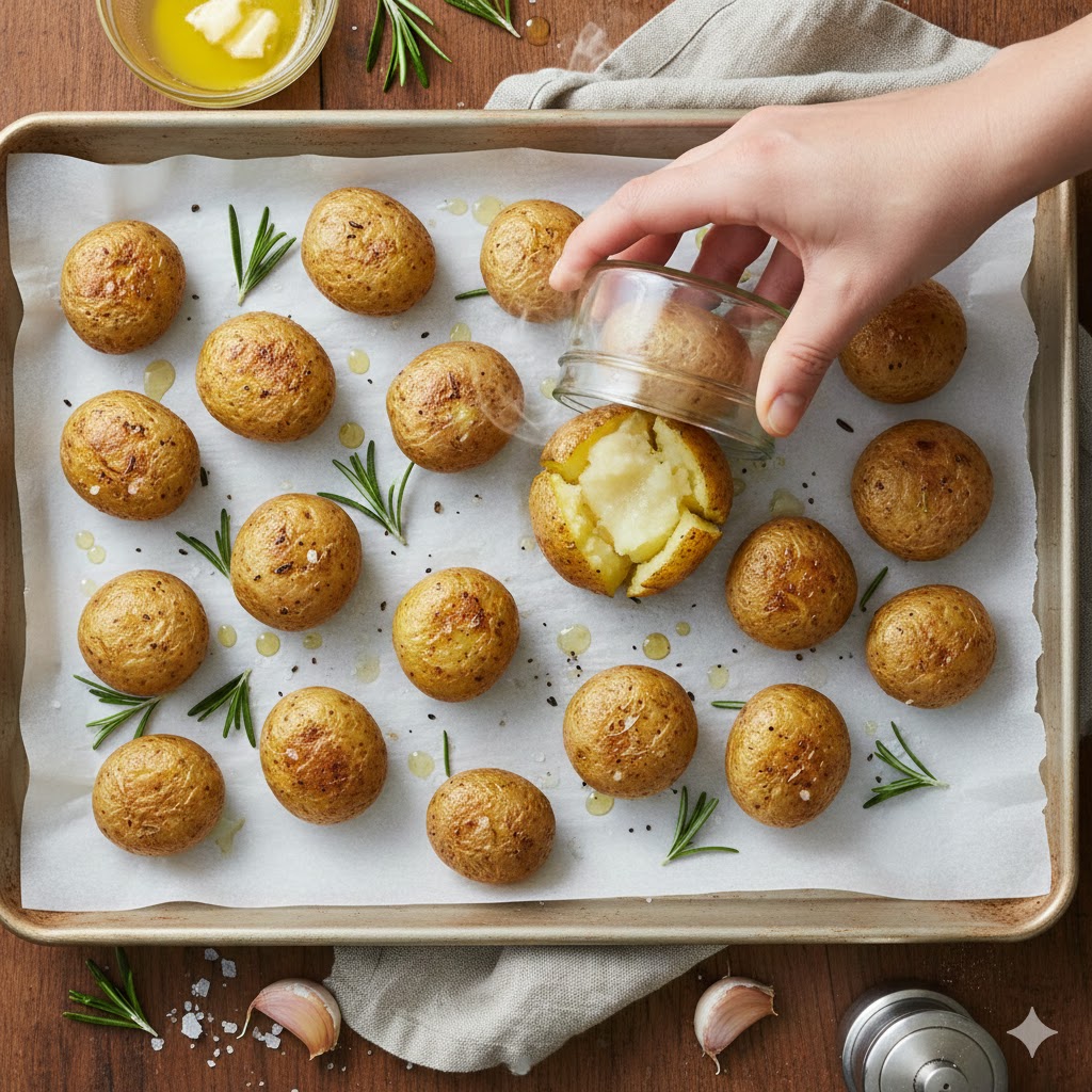 Smashing boiled baby Yukon Gold potatoes on a baking sheet.