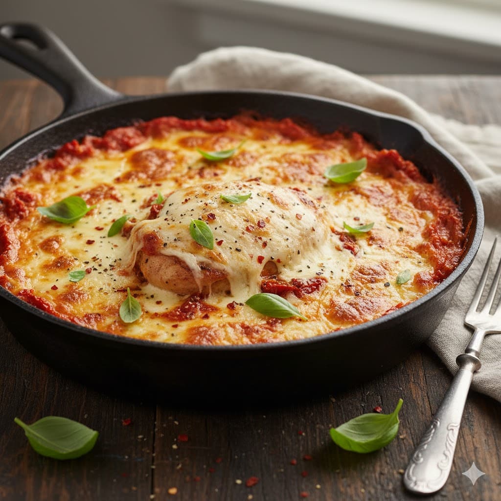  One-Pan Marry Me Chicken Lasagna with bubbly cheese and sun-dried tomatoes.