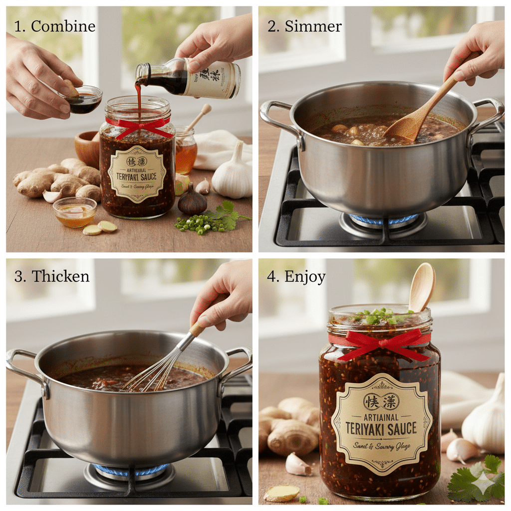 A four-step collage showing the process of making teriyaki sauce: combining ingredients, simmering in a pot, thickening with a whisk, and the final jar of sauce.
