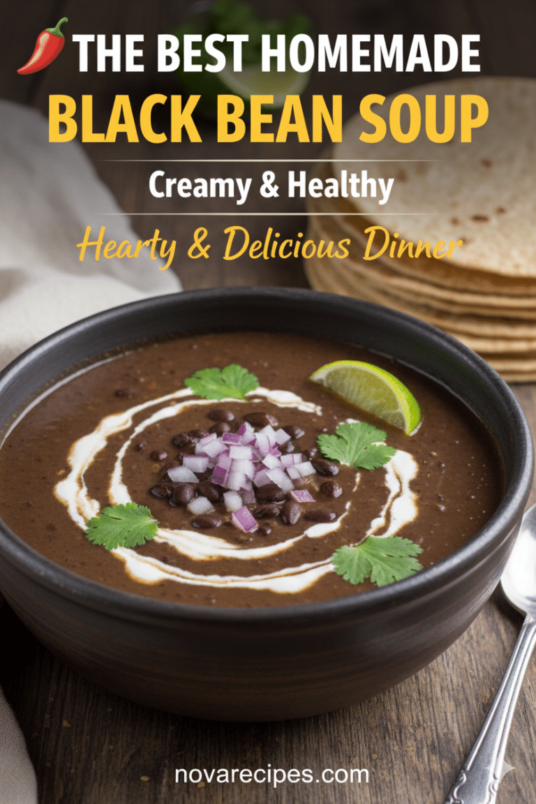 A deep bowl of dark, rich black bean soup topped with lime, avocado slices, and fresh cilantro.